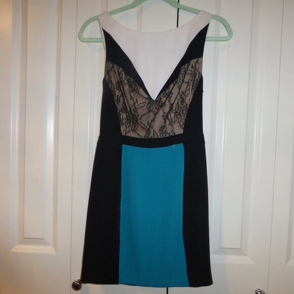 BEBE black, white and blue colour block dress with lace accent - Picture 9 of 14